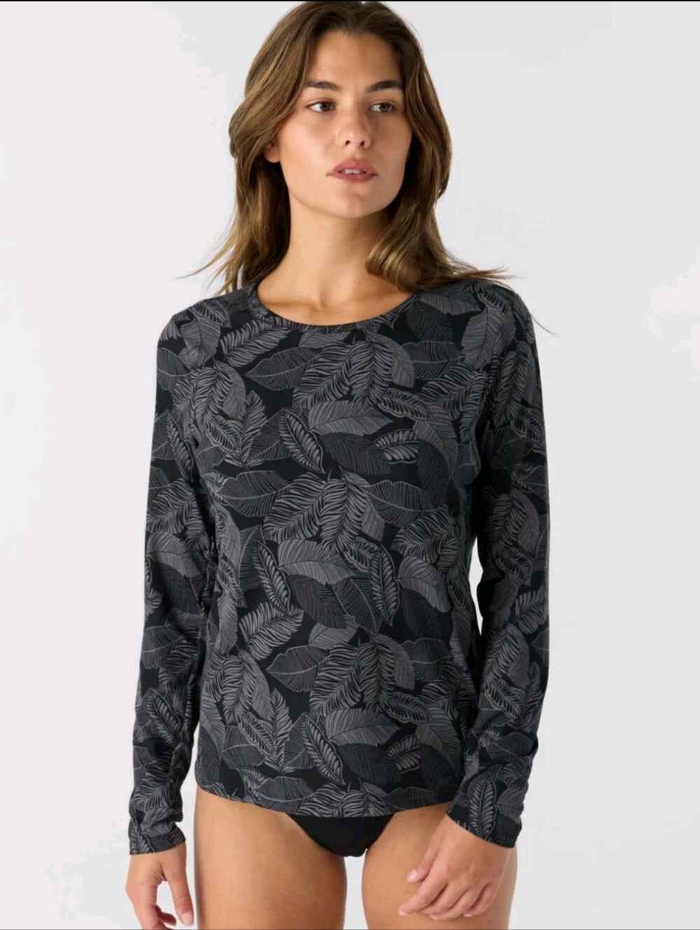 Hang Ten UPF 50+ Black Gray Sunray Leaves Long Sleeve Swim Shirt Zip Pocket XXL